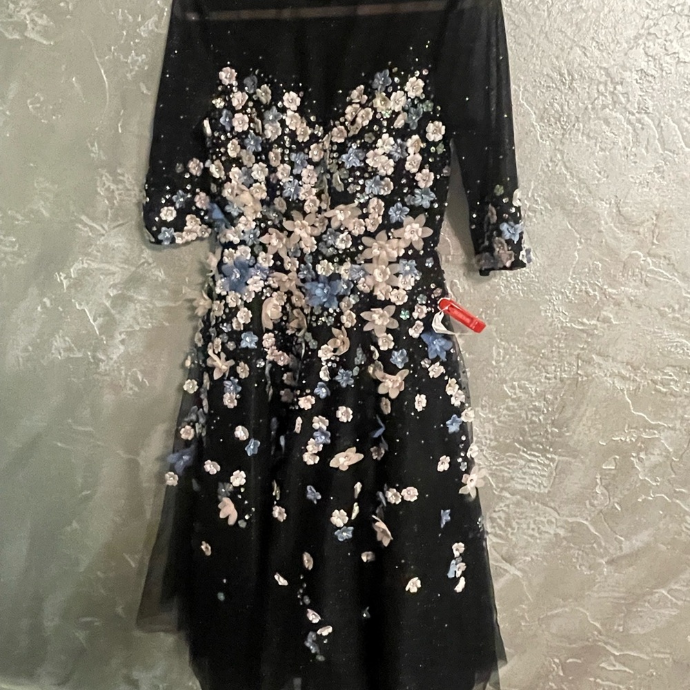 Mac Duggal Floral Embroidered A-Line Tea-Length Cocktail Dress